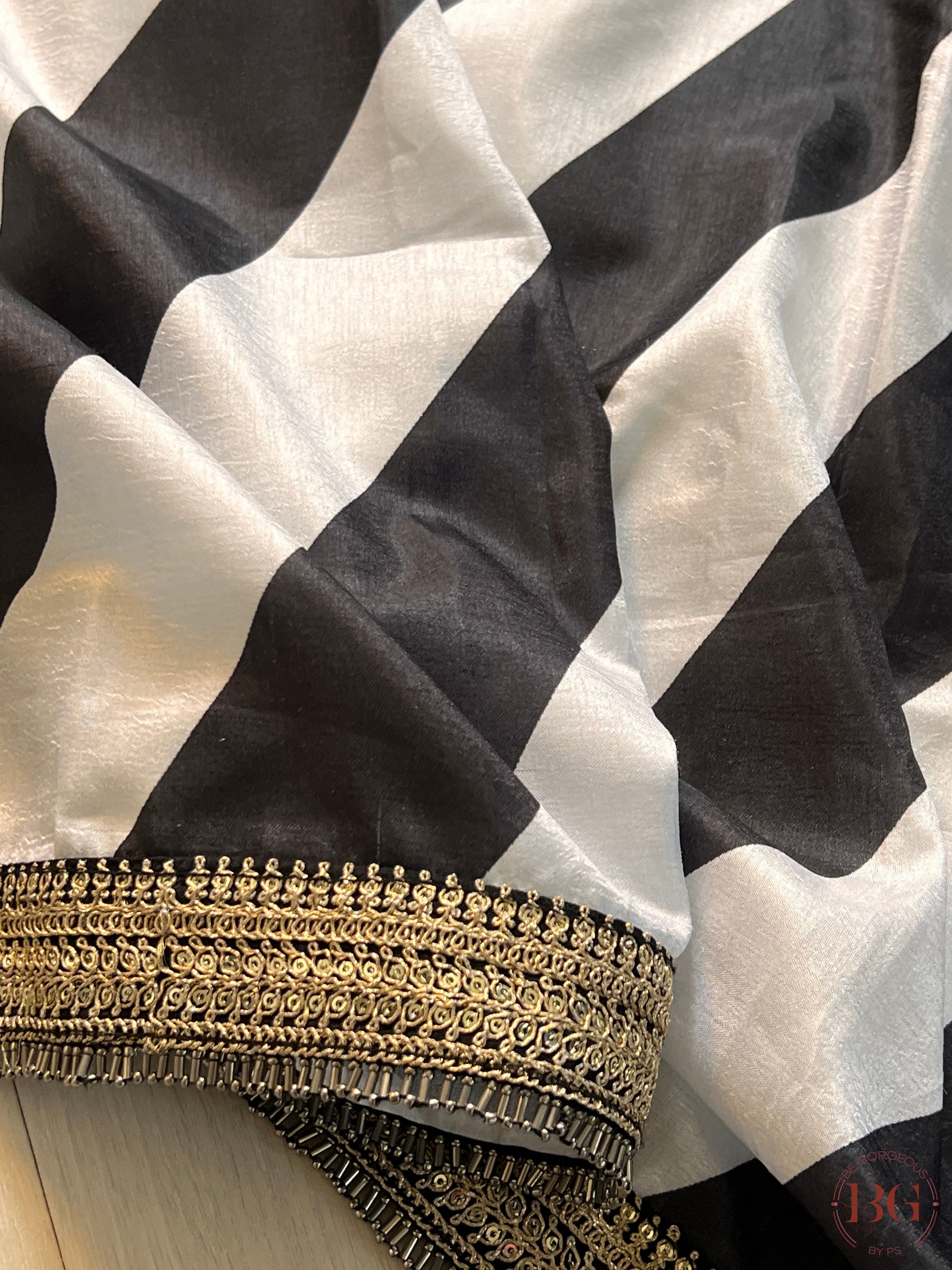 Satin black and white stripes saree with fully stitched blouse saree color - black