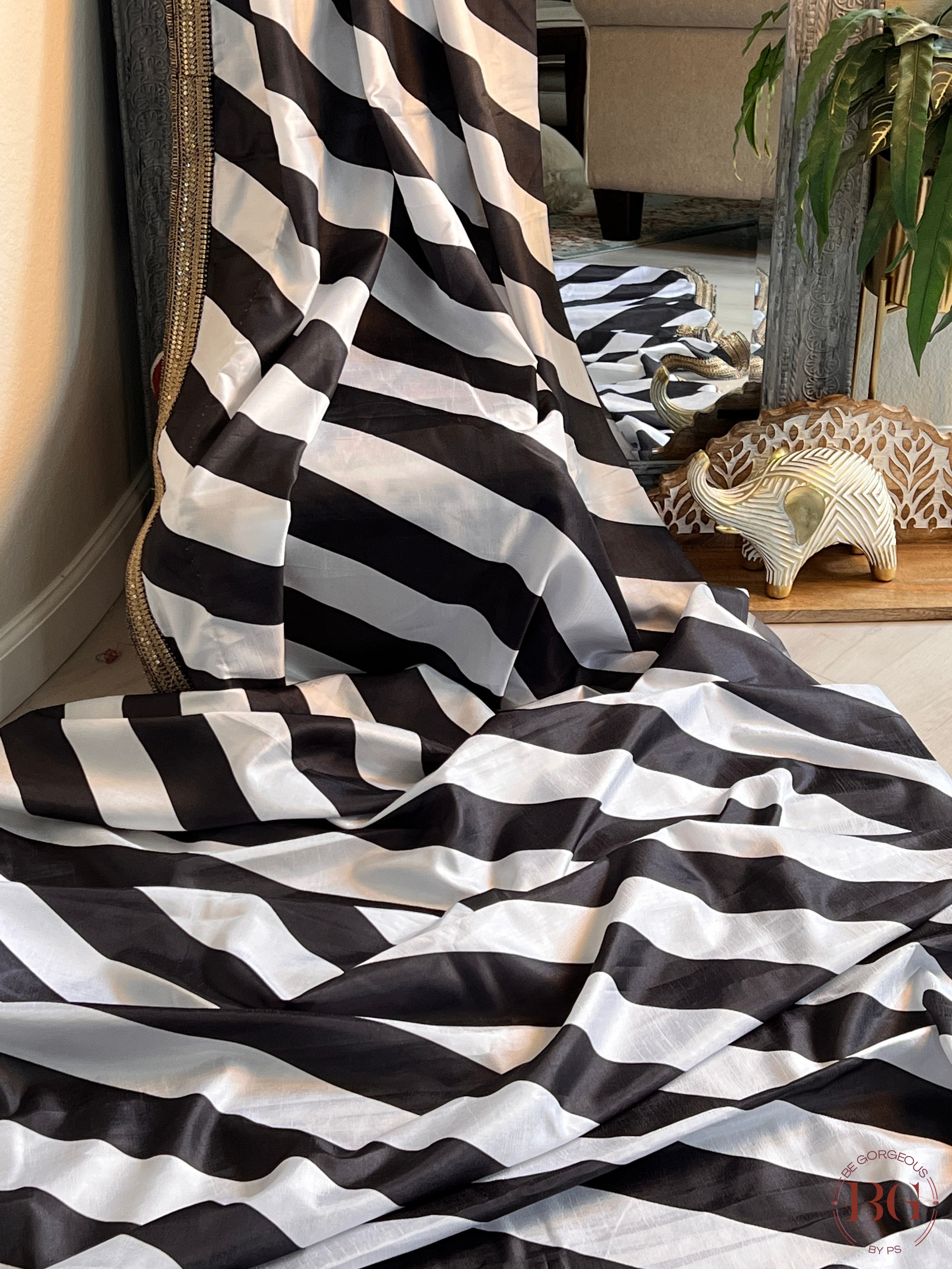 Satin black and white stripes saree with fully stitched blouse saree color - black