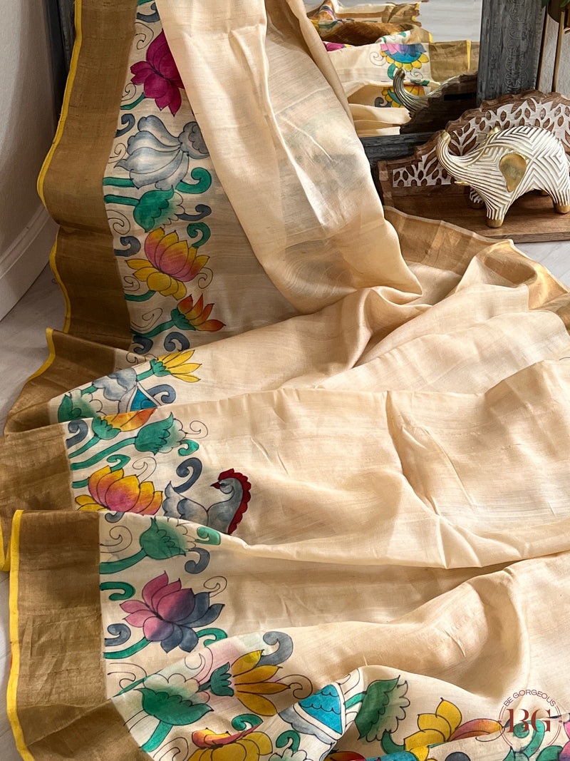 Pen Kalamkari on Tussar Silk - Beige saree color - cream
