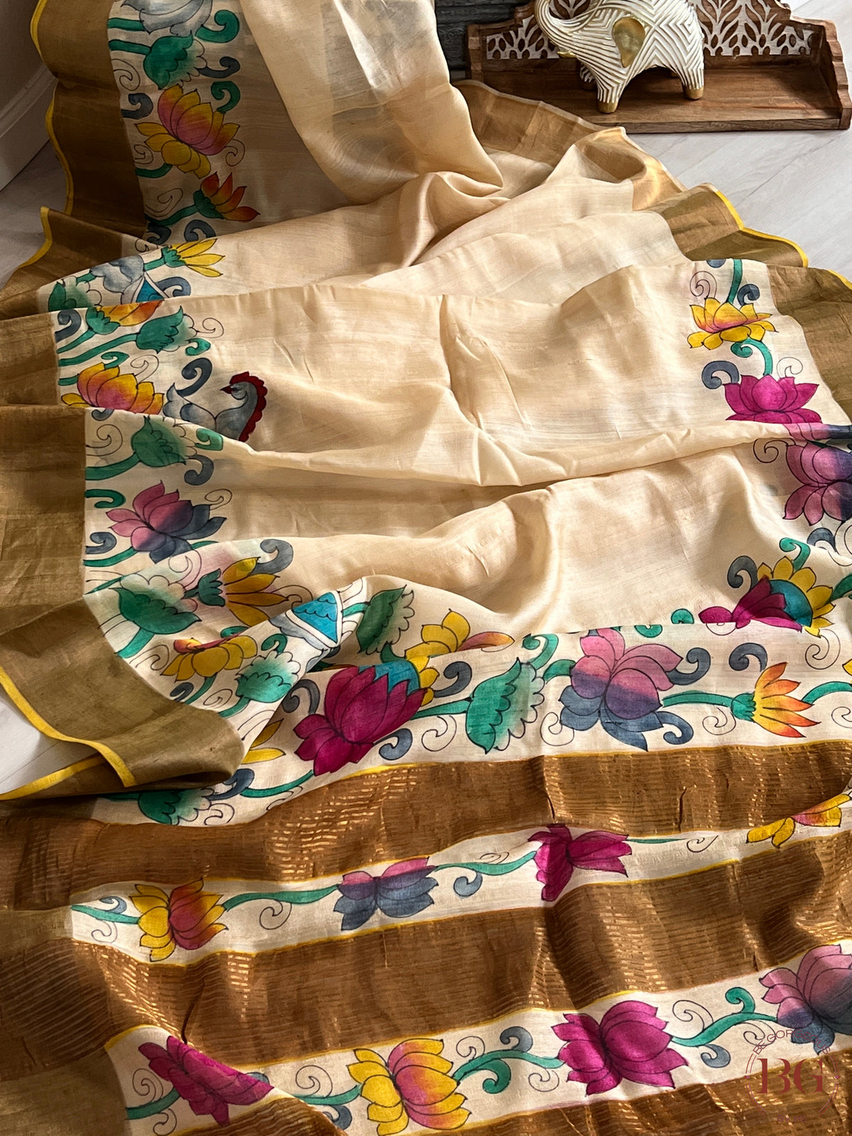 Pen Kalamkari on Tussar Silk - Beige saree color - cream