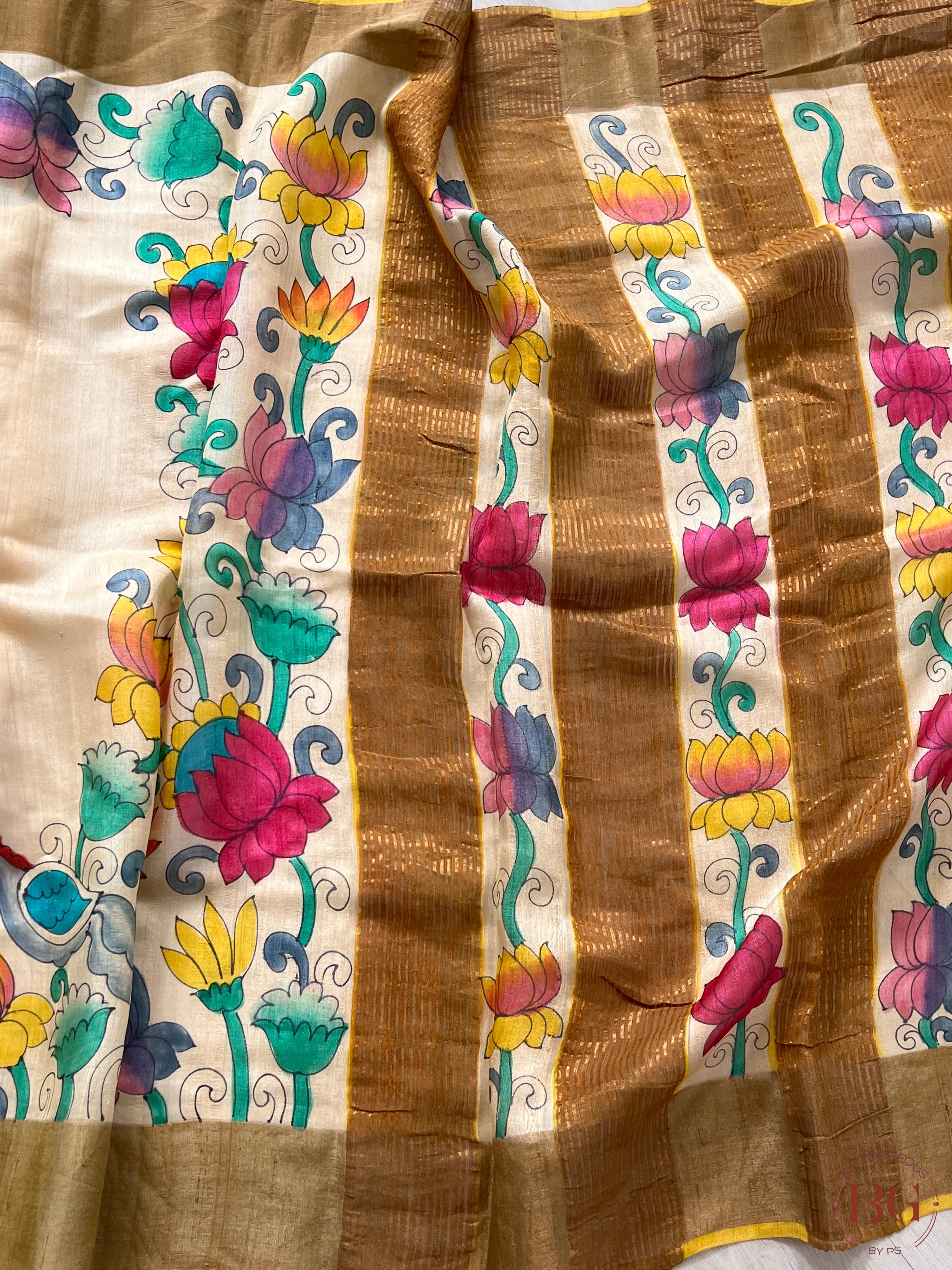 Pen Kalamkari on Tussar Silk - Beige saree color - cream