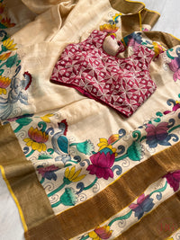 Pen Kalamkari on Tussar Silk - Beige saree color - cream