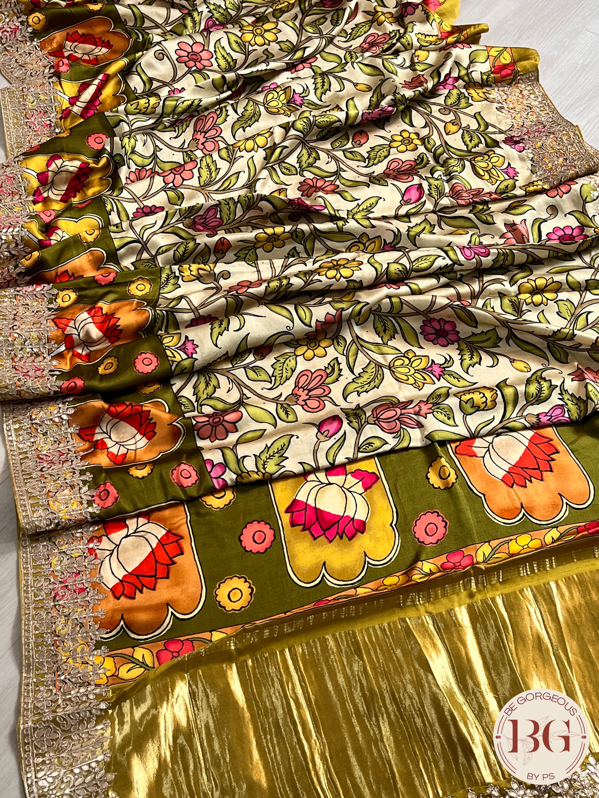 Gajji Silk with Kalamkari and gota patti border saree color - cream