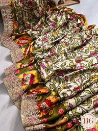 Gajji Silk with Kalamkari and gota patti border saree color - cream