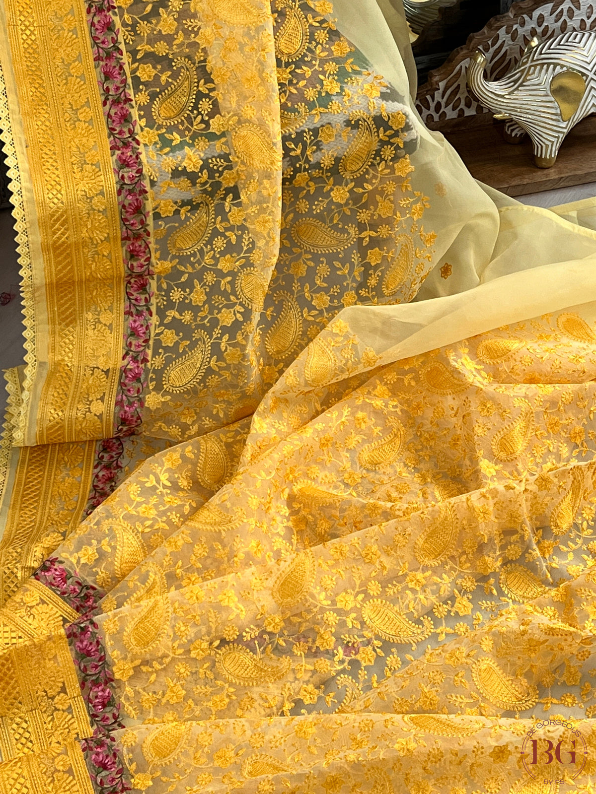 Organza with threadwork saree color - yellow