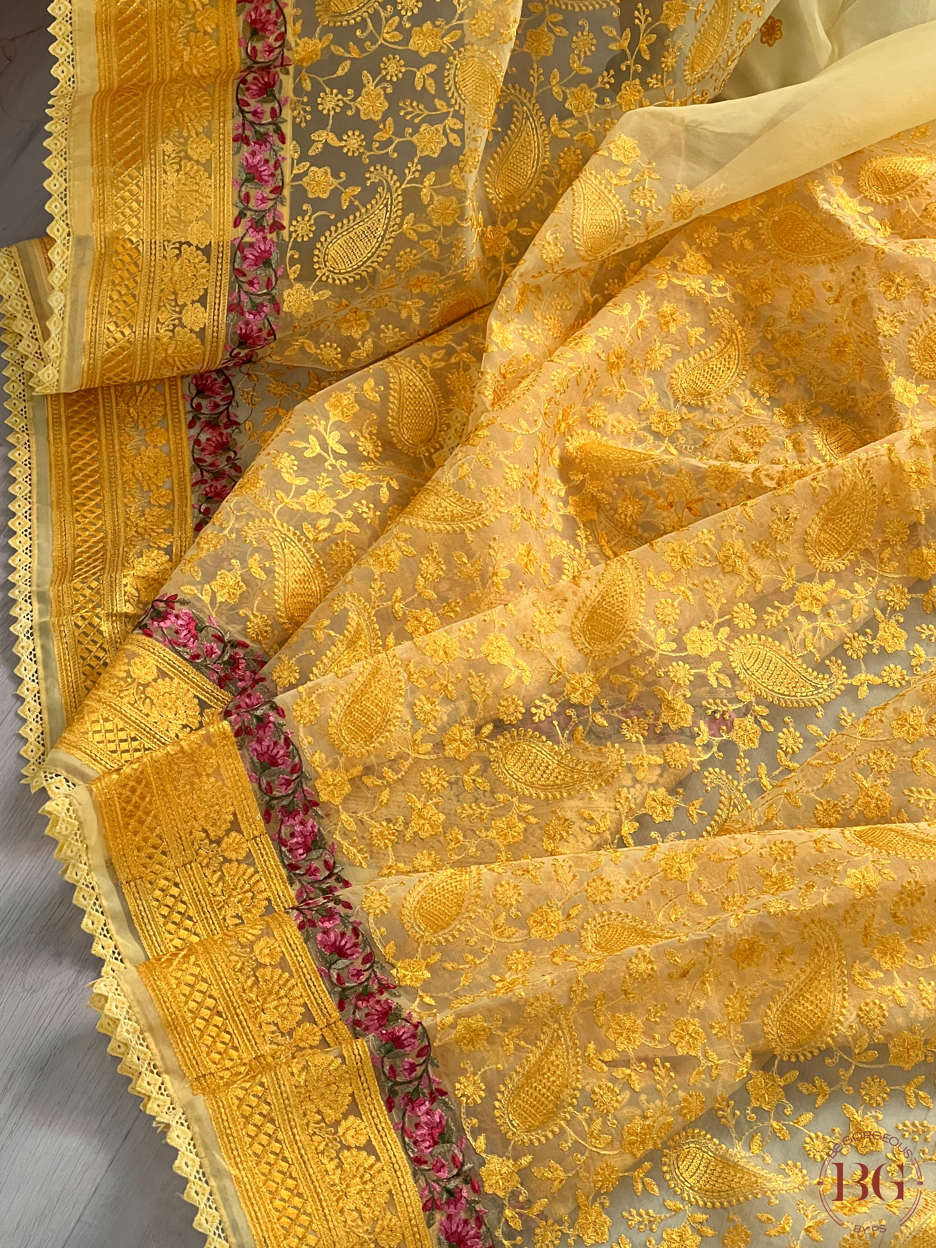 Organza with threadwork saree color - yellow