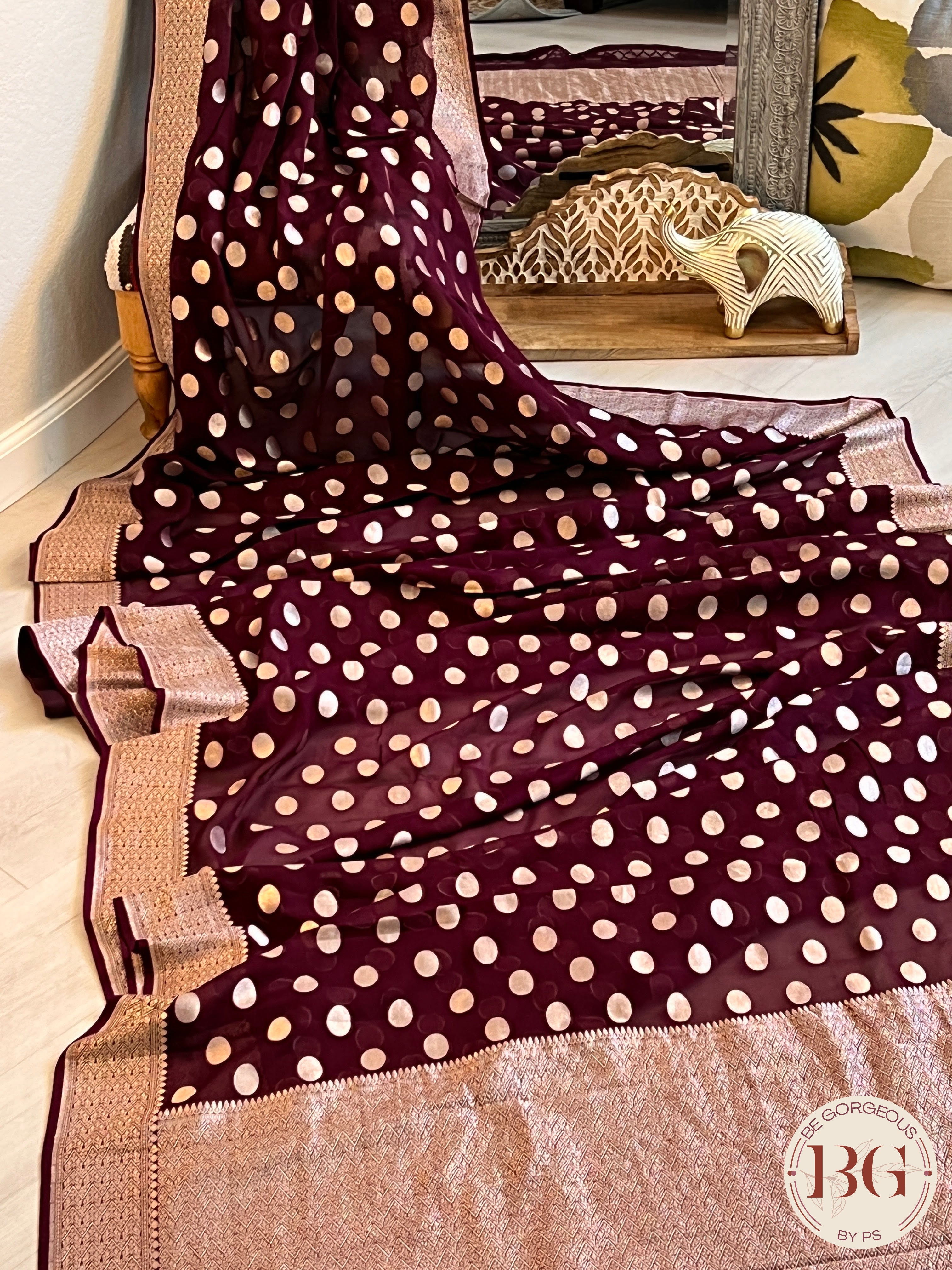 Banarasi Handwoven Georgette silk with gold zari weaved saree, polka dots and stitched blouse maroon