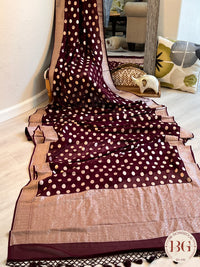 Banarasi Handwoven Georgette silk with gold zari weaved saree, polka dots and stitched blouse maroon