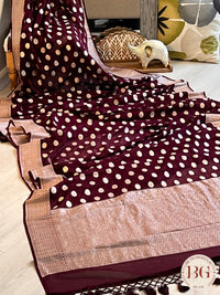Banarasi Handwoven Georgette silk with gold zari weaved saree, polka dots and stitched blouse maroon