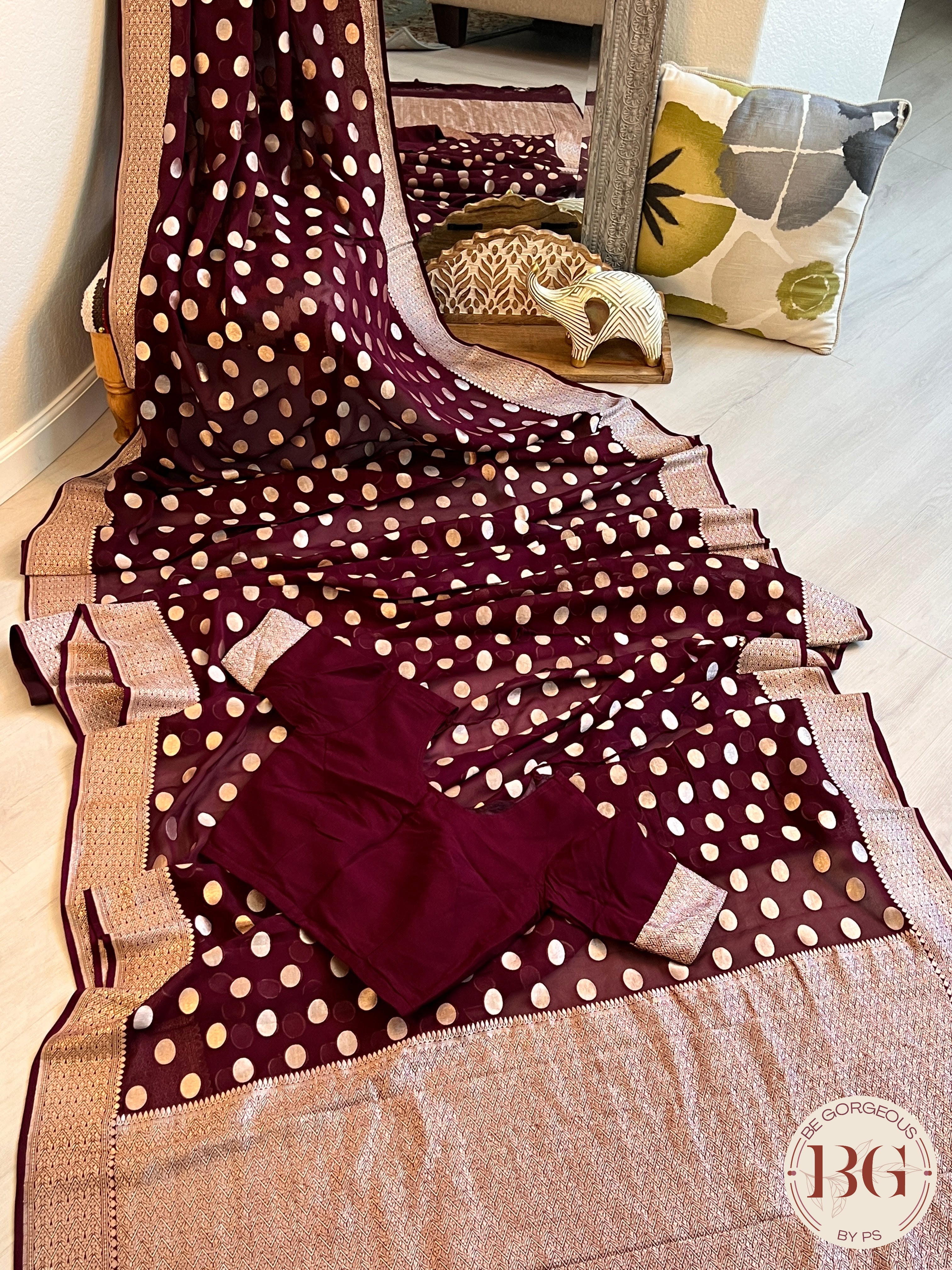 Banarasi Handwoven Georgette silk with gold zari weaved saree, polka dots and stitched blouse maroon