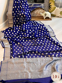 Banarasi Handwoven Georgette silk with gold zari weaved saree, polka dots and stitched blouse Blue