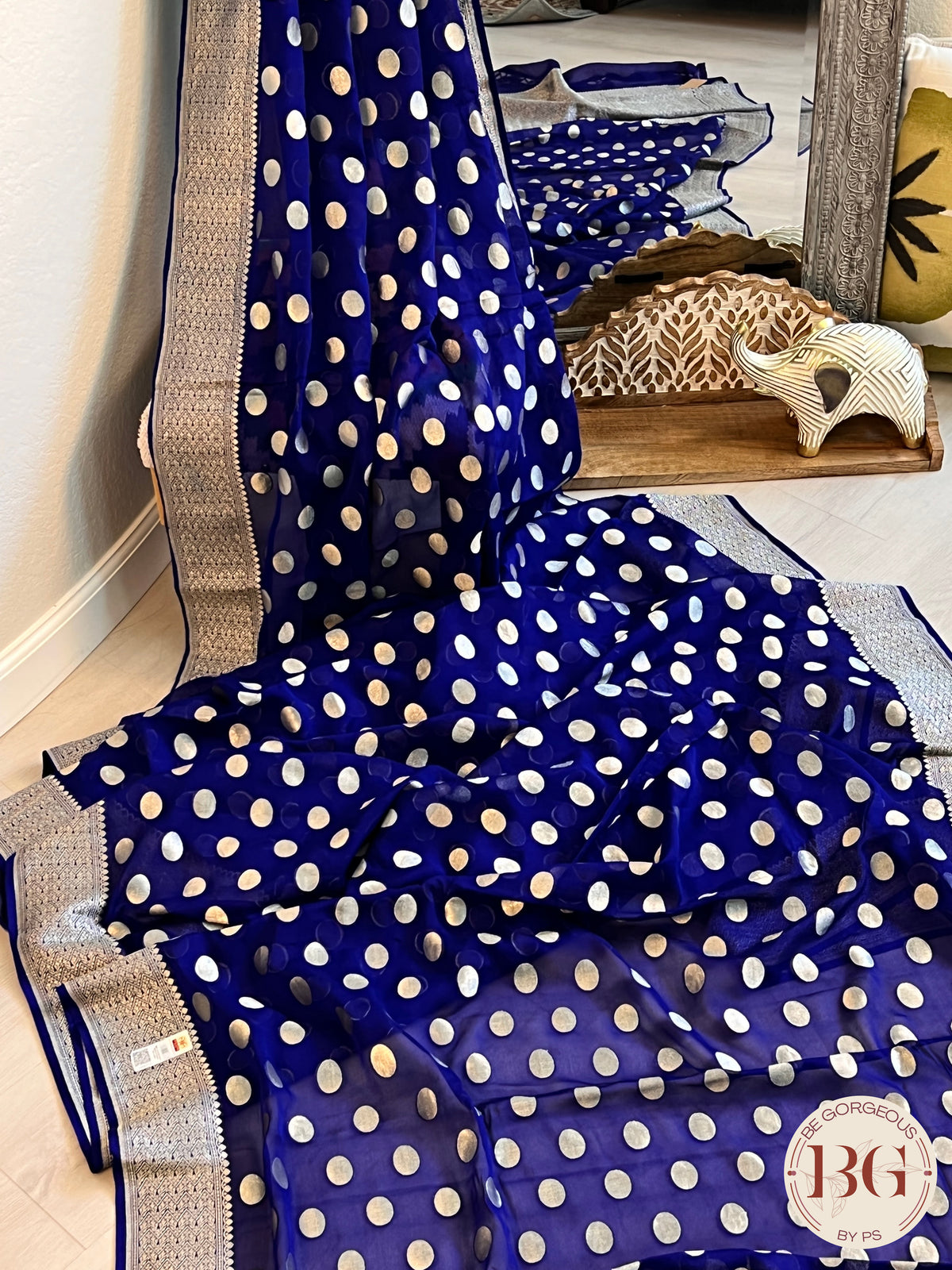 Banarasi Handwoven Georgette silk with gold zari weaved saree, polka dots and stitched blouse Blue