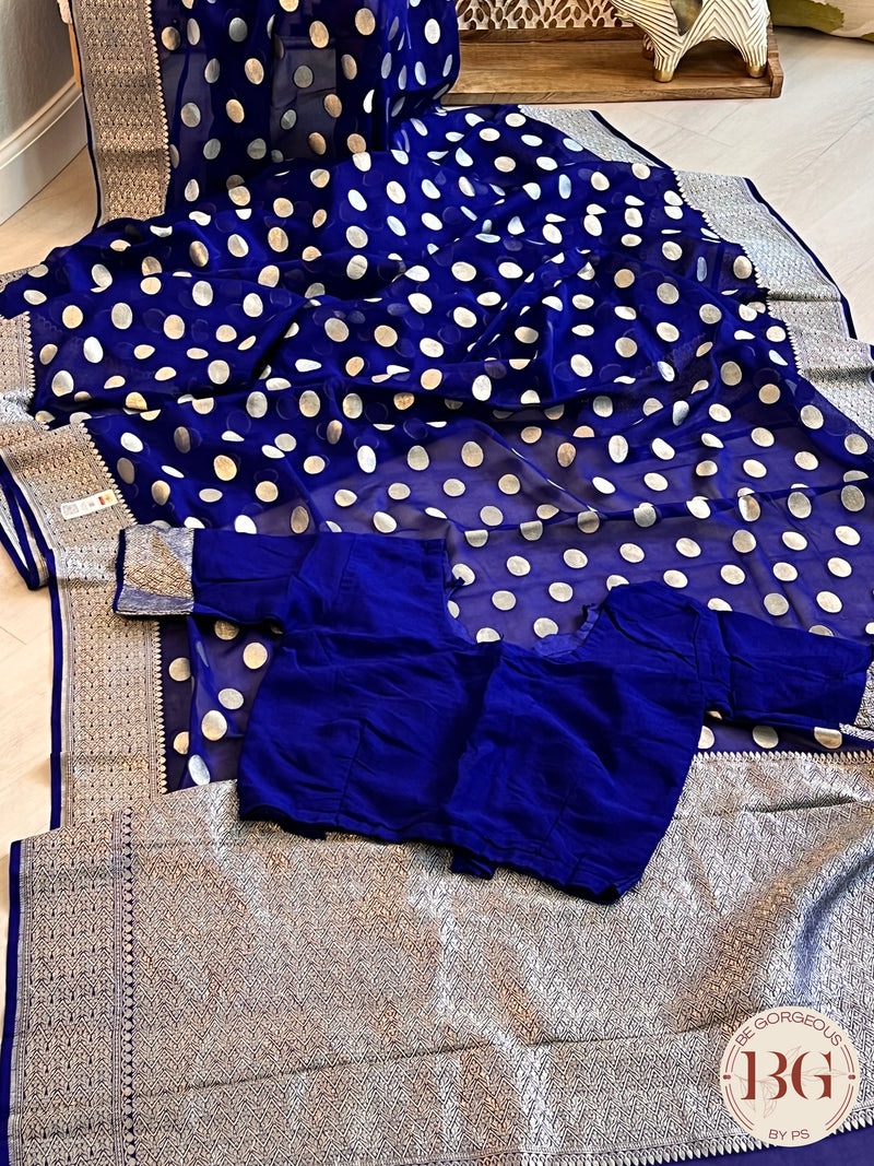 Banarasi Handwoven Georgette silk with gold zari weaved saree, polka dots and stitched blouse Blue