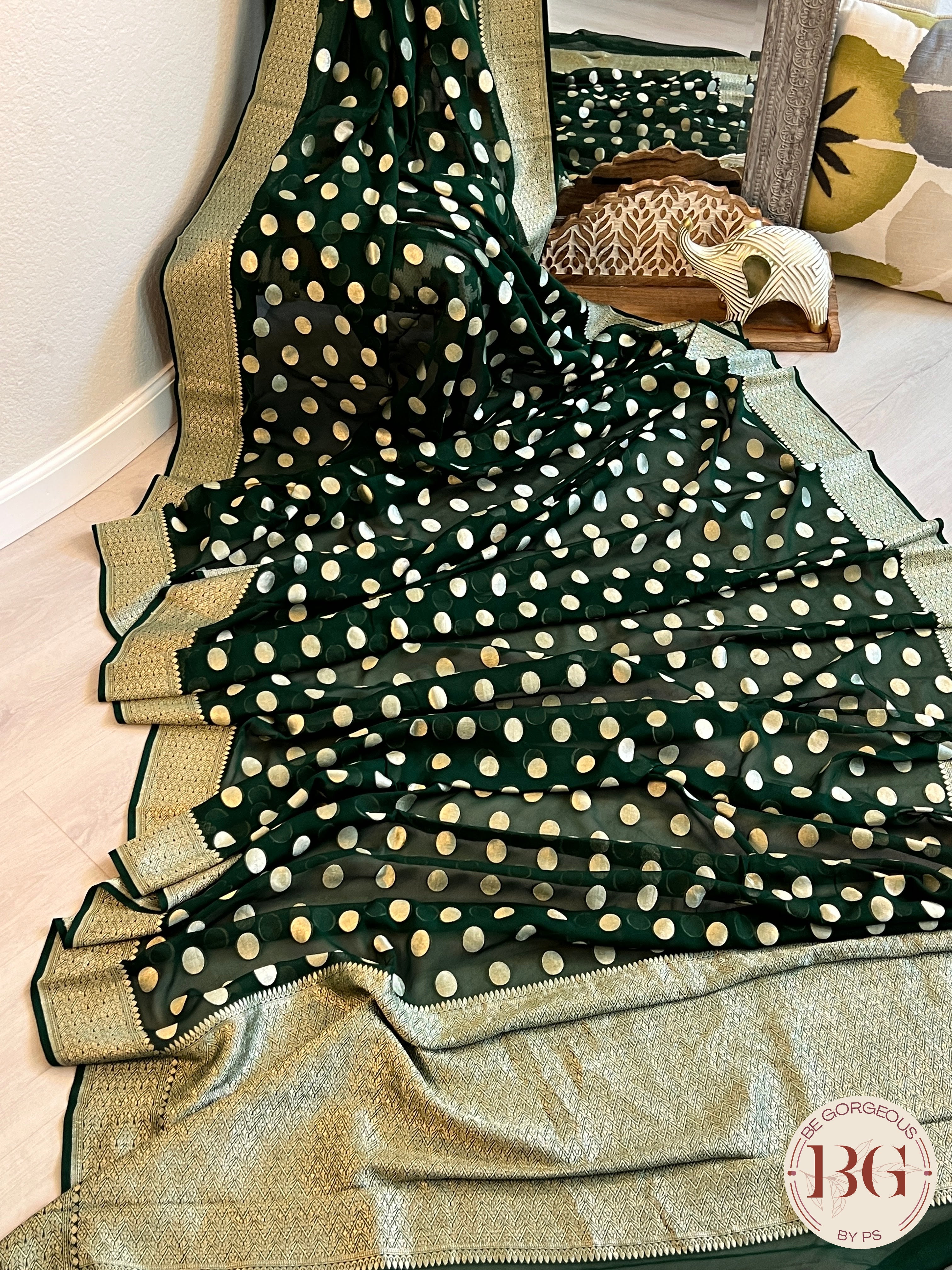 Banarasi Handwoven Georgette silk with gold zari weaved saree,polka dots and stitched blouse Bottle green