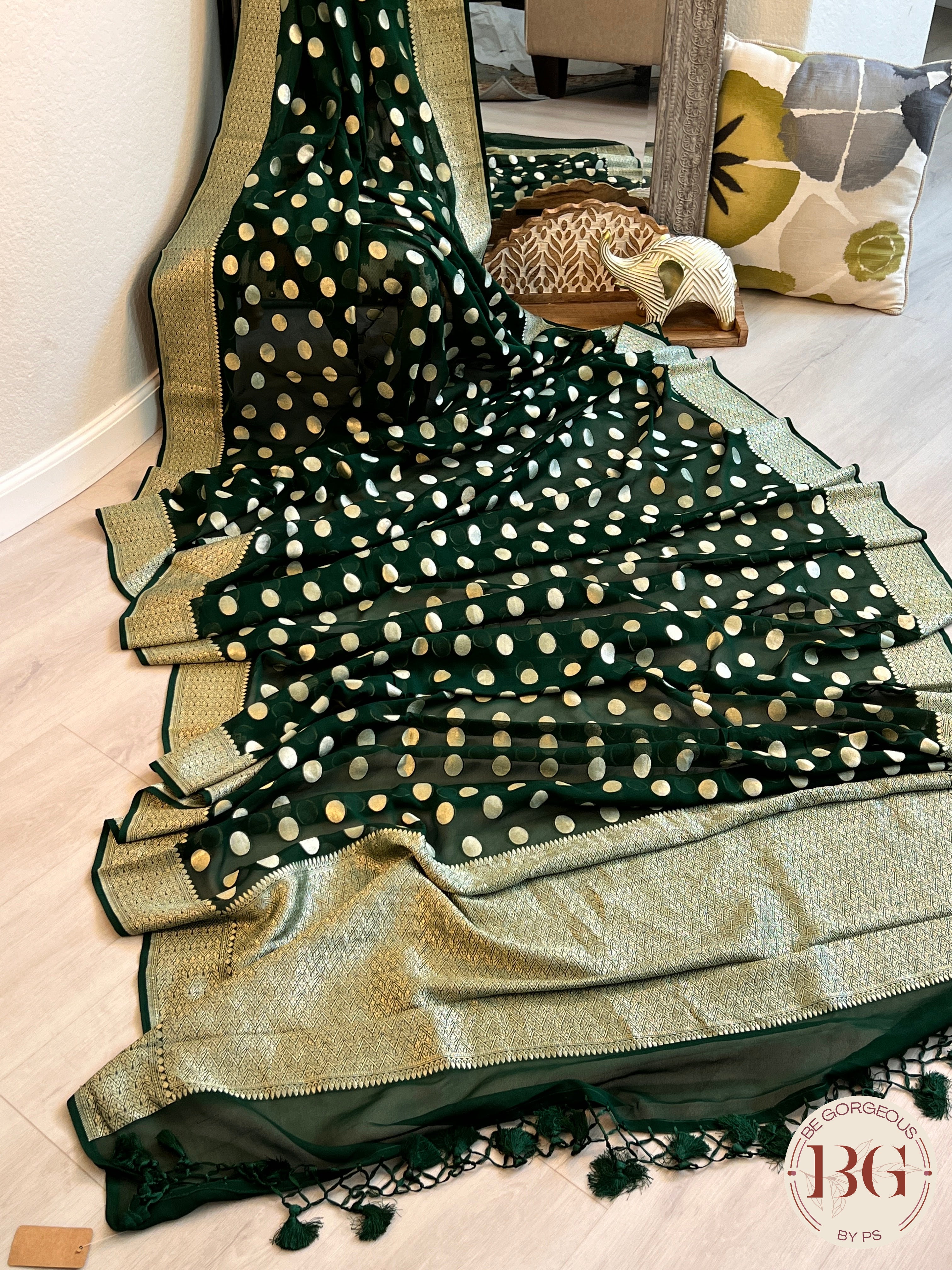 Banarasi Handwoven Georgette silk with gold zari weaved saree,polka dots and stitched blouse Bottle green