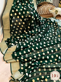 Banarasi Handwoven Georgette silk with gold zari weaved saree,polka dots and stitched blouse Bottle green