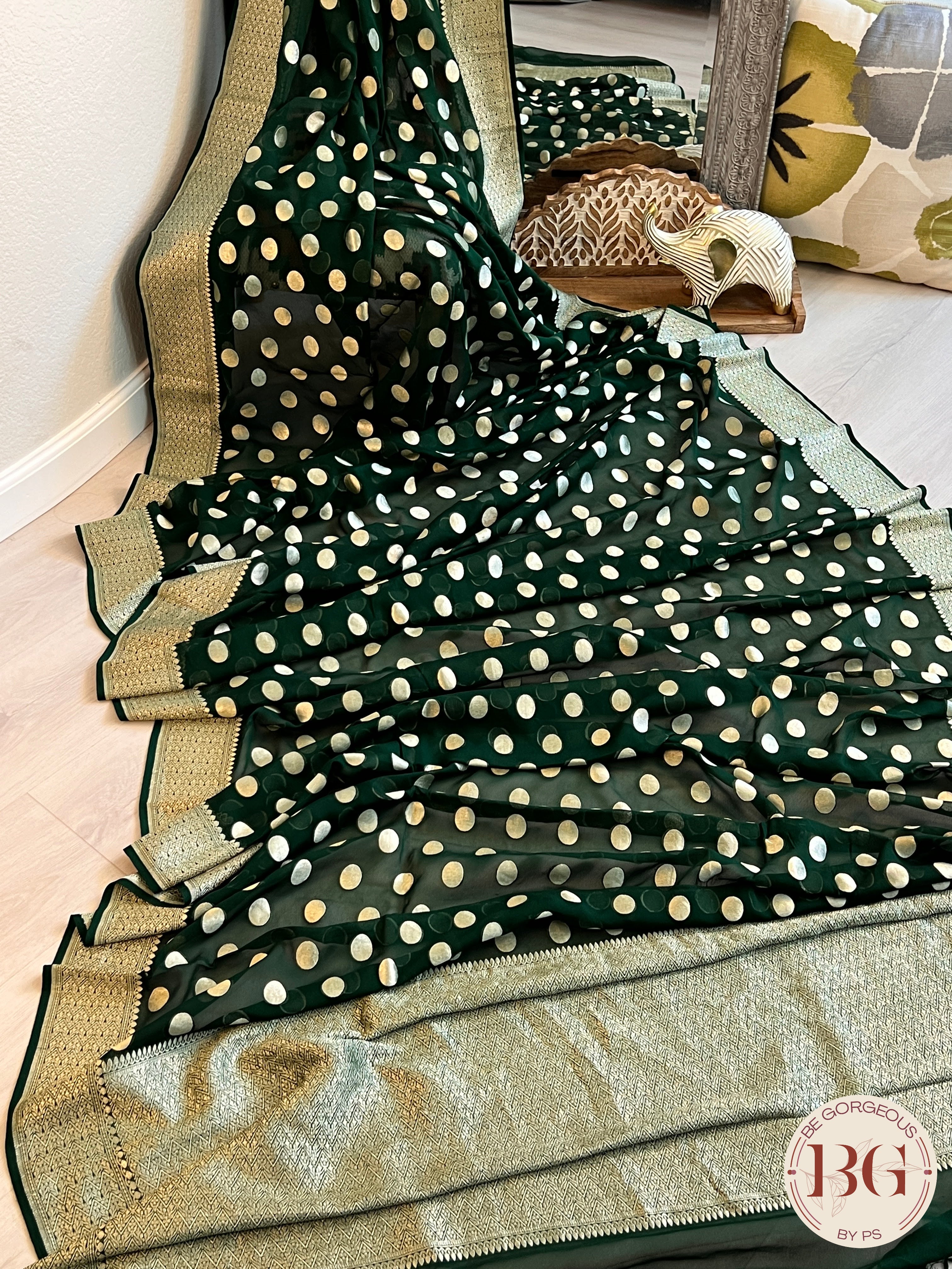 Banarasi Handwoven Georgette silk with gold zari weaved saree,polka dots and stitched blouse Bottle green