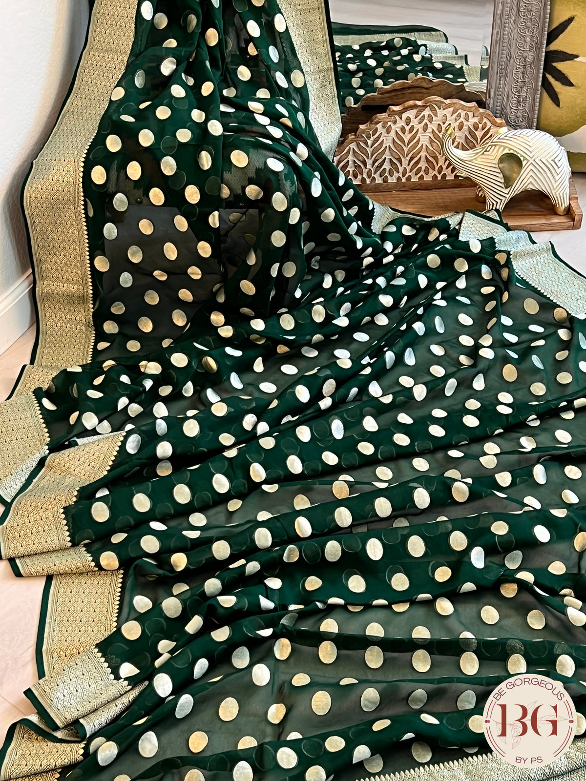 Banarasi Handwoven Georgette silk with gold zari weaved saree,polka dots and stitched blouse Bottle green