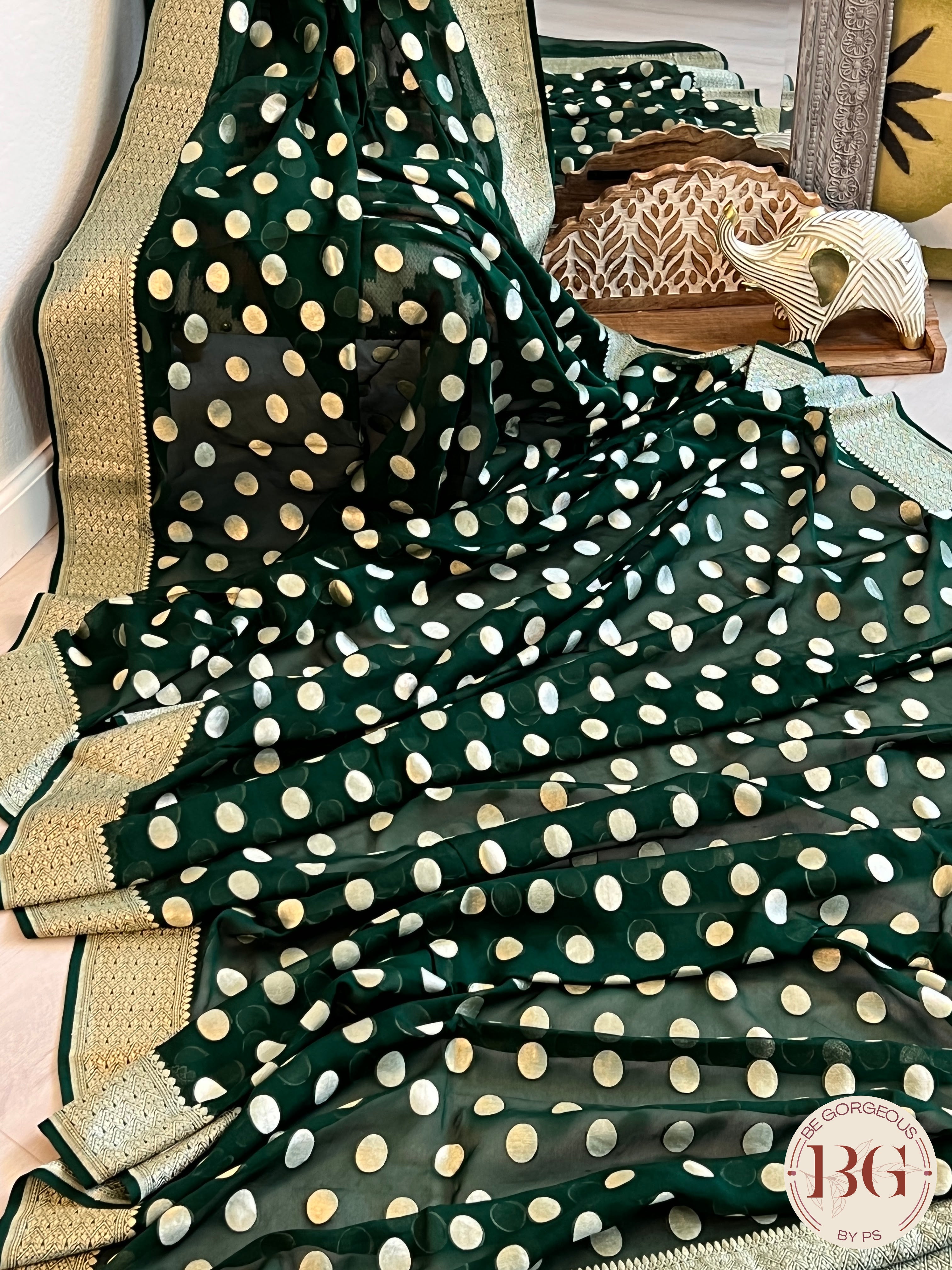 Banarasi Handwoven Georgette silk with gold zari weaved saree,polka dots and stitched blouse Bottle green