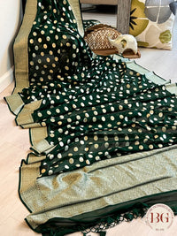 Banarasi Handwoven Georgette silk with gold zari weaved saree,polka dots and stitched blouse Bottle green