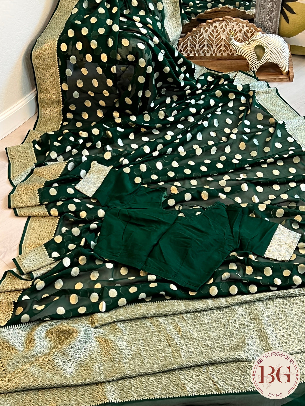 Banarasi Handwoven Georgette silk with gold zari weaved saree,polka dots and stitched blouse Bottle green