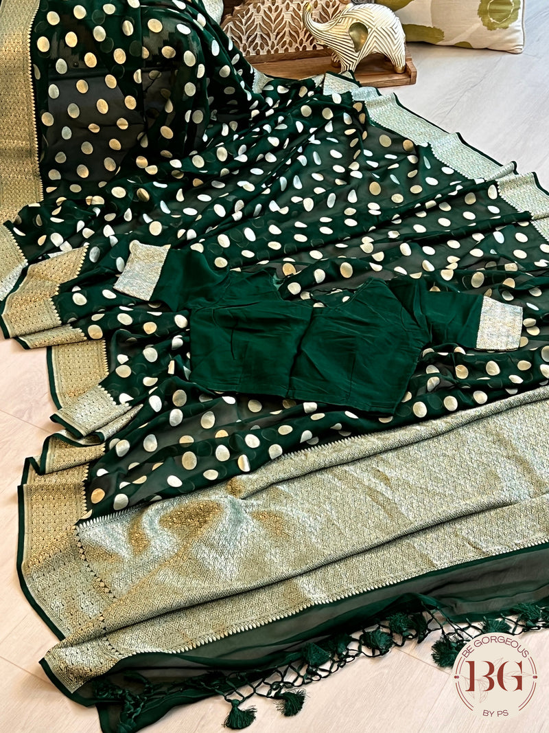 Banarasi Handwoven Georgette silk with gold zari weaved saree,polka dots and stitched blouse Bottle green