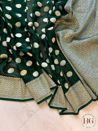 Banarasi Handwoven Georgette silk with gold zari weaved saree,polka dots and stitched blouse Bottle green