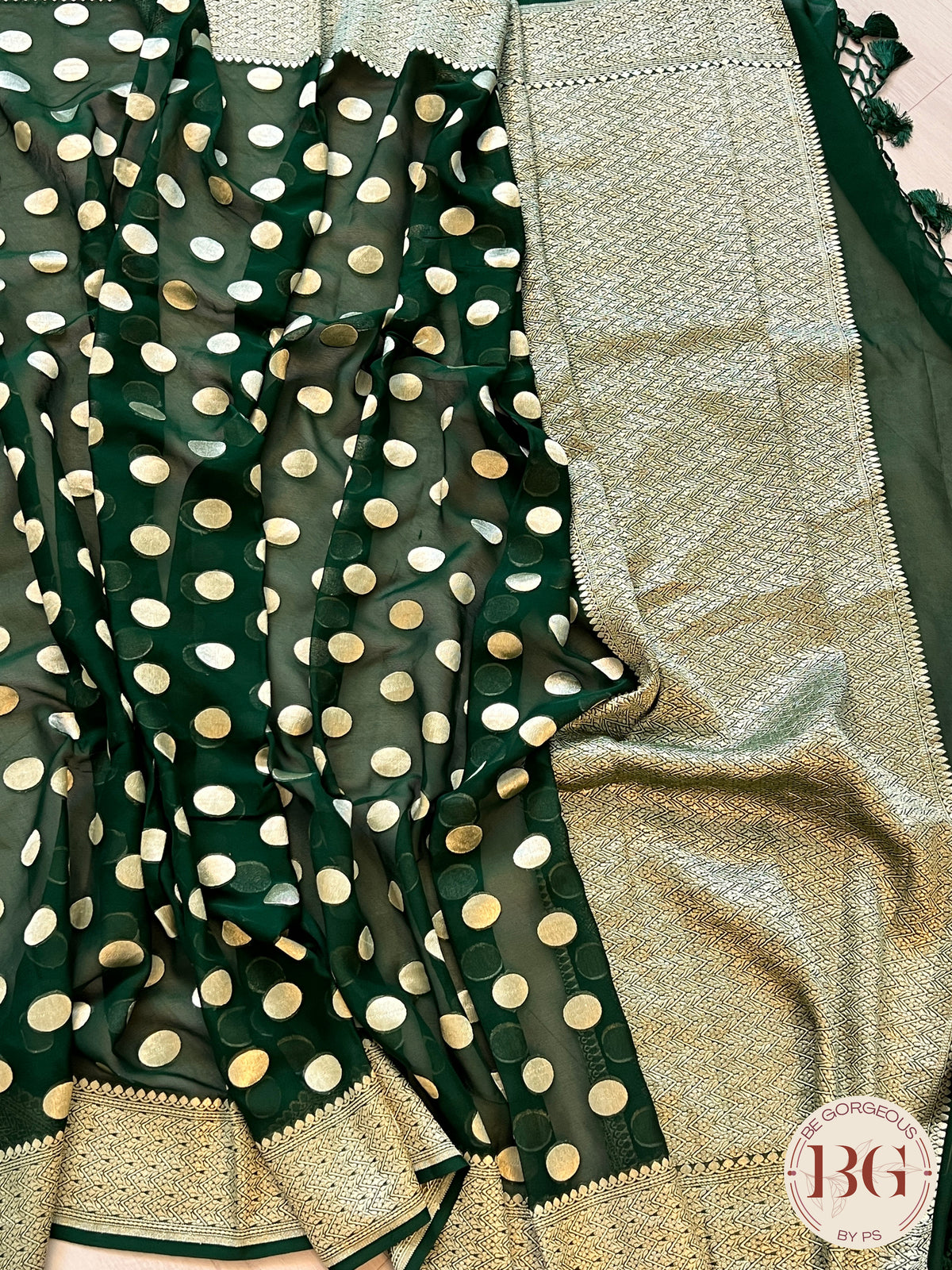 Banarasi Handwoven Georgette silk with gold zari weaved saree,polka dots and stitched blouse Bottle green