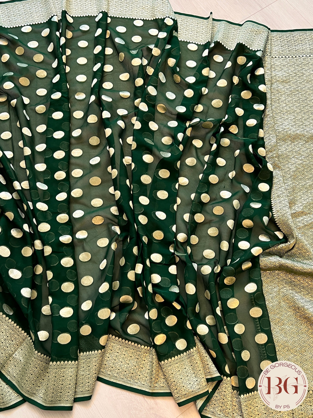 Banarasi Handwoven Georgette silk with gold zari weaved saree,polka dots and stitched blouse Bottle green