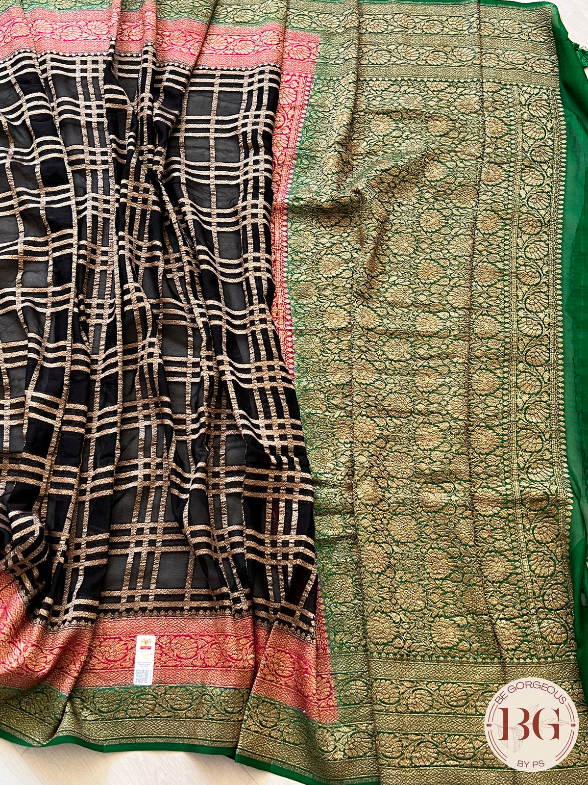 Banarasi Khaddi georgette silk with antique zari and stitched blouse - black