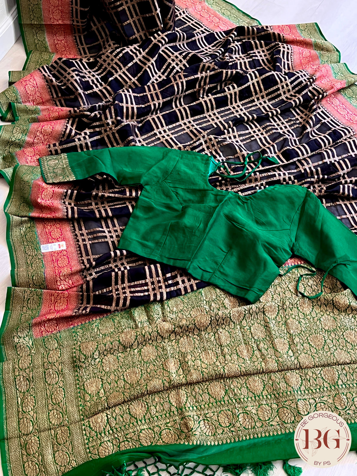Banarasi Khaddi georgette silk with antique zari and stitched blouse - black