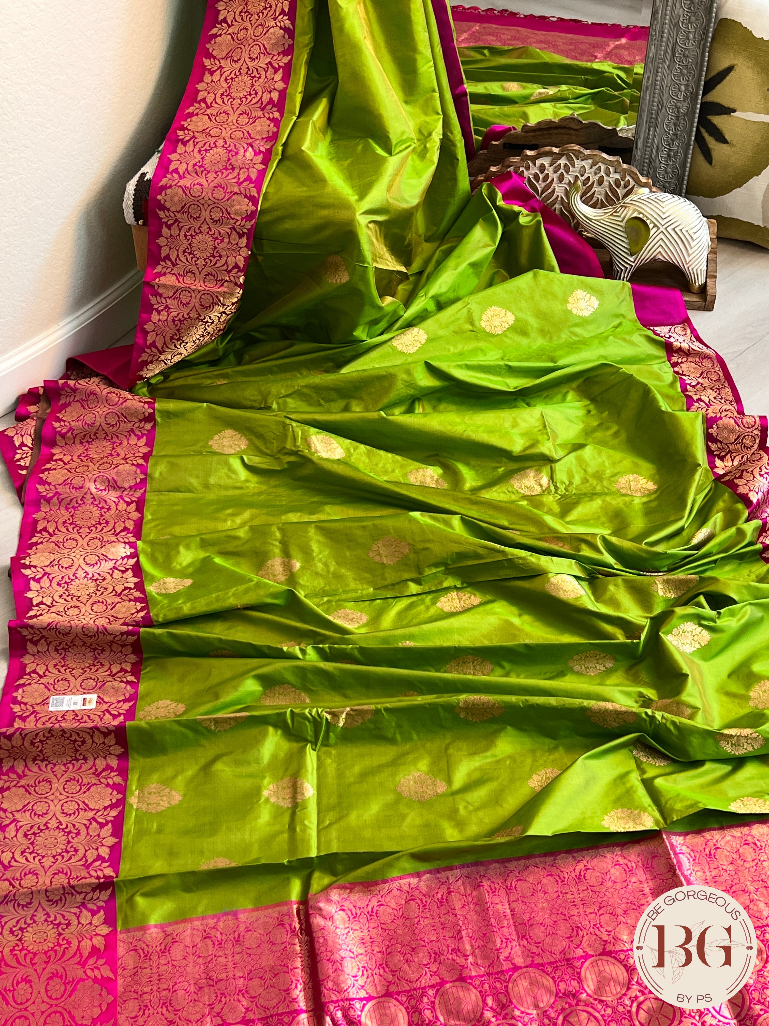 Banarasi Katan Silk silkmark certified with stitched blouse - lime green pink