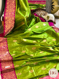 Banarasi Katan Silk silkmark certified with stitched blouse - lime green pink