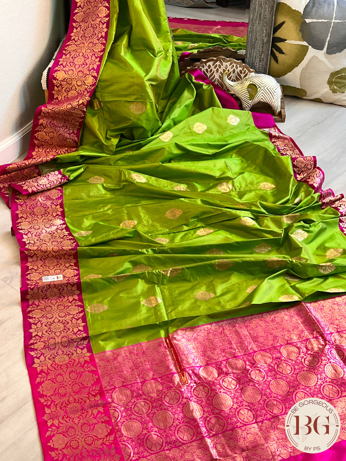 Banarasi Katan Silk silkmark certified with stitched blouse - lime green pink