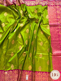 Banarasi Katan Silk silkmark certified with stitched blouse - lime green pink