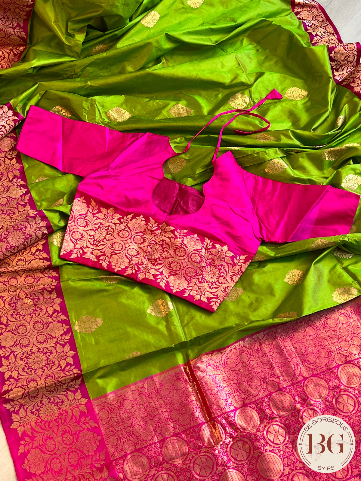 Banarasi Katan Silk silkmark certified with stitched blouse - lime green pink