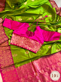 Banarasi Katan Silk silkmark certified with stitched blouse - lime green pink
