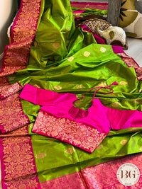 Banarasi Katan Silk silkmark certified with stitched blouse - lime green pink