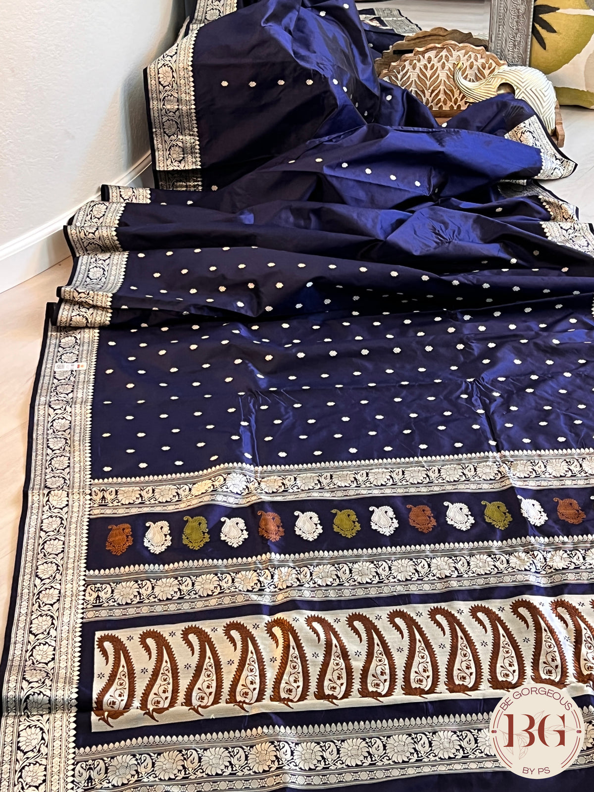 Banarasi Katan Silk silkmark certified with stitched blouse - navy blue