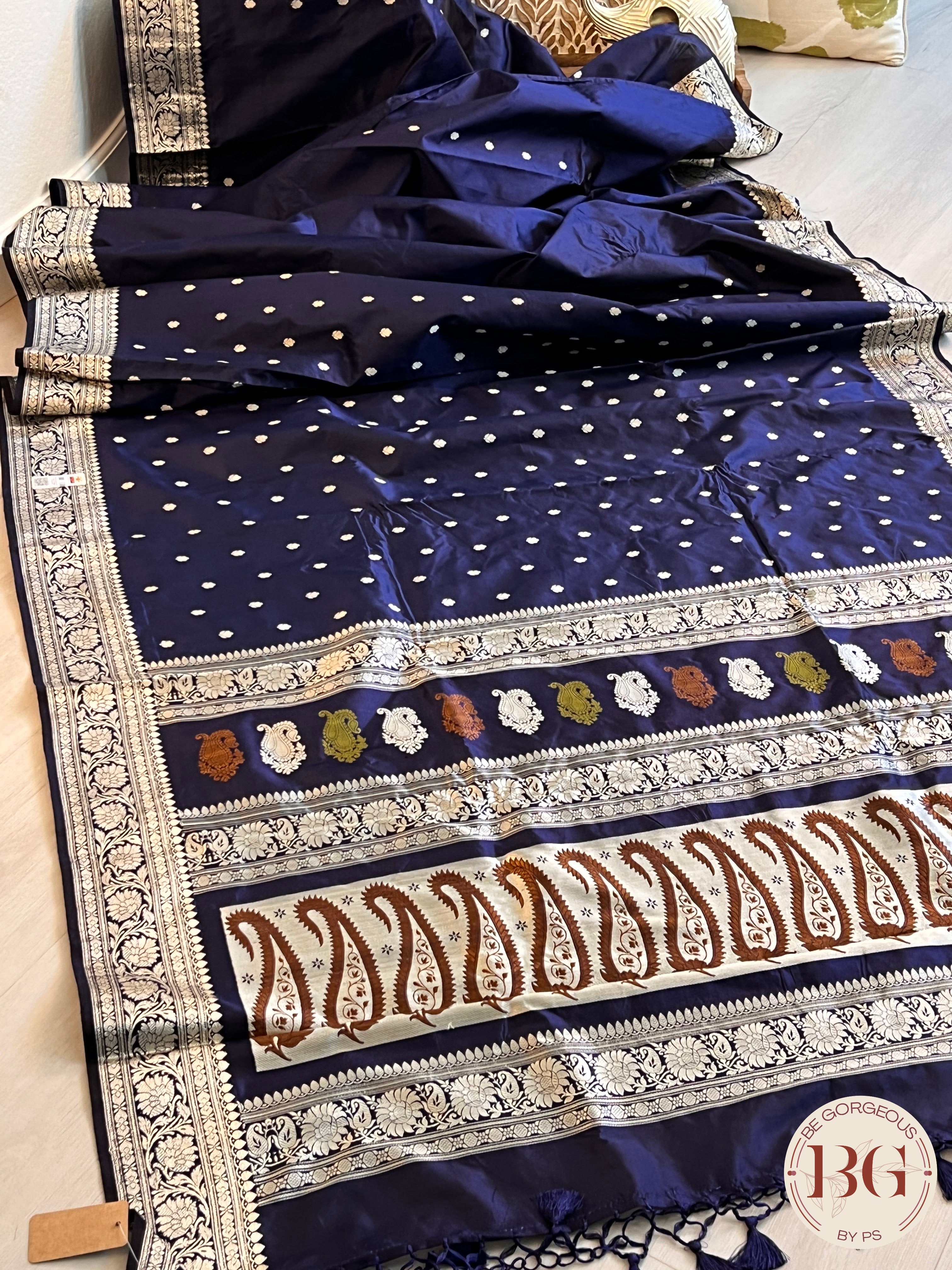 Banarasi Katan Silk silkmark certified with stitched blouse - navy blue