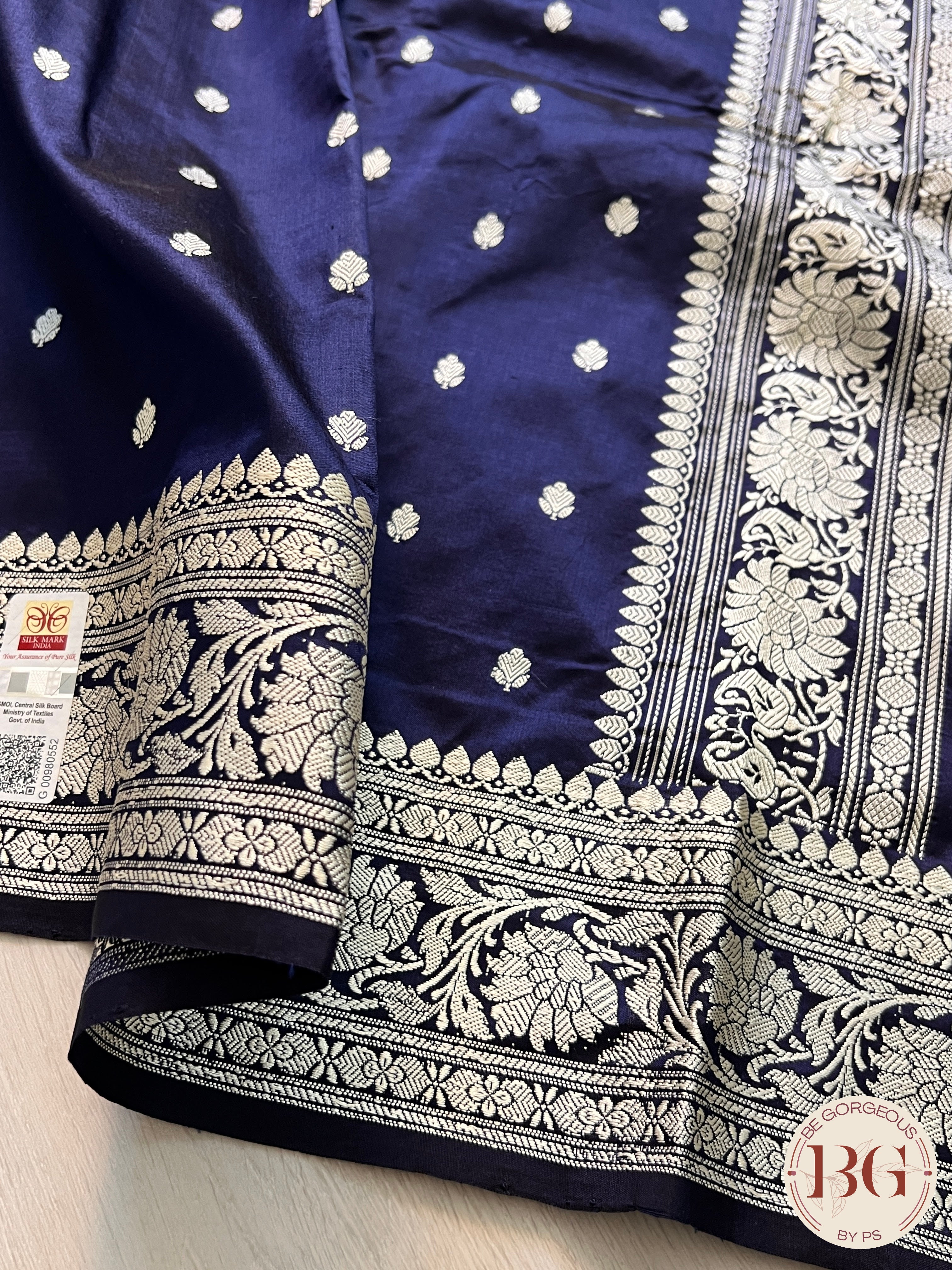 Banarasi Katan Silk silkmark certified with stitched blouse - navy blue