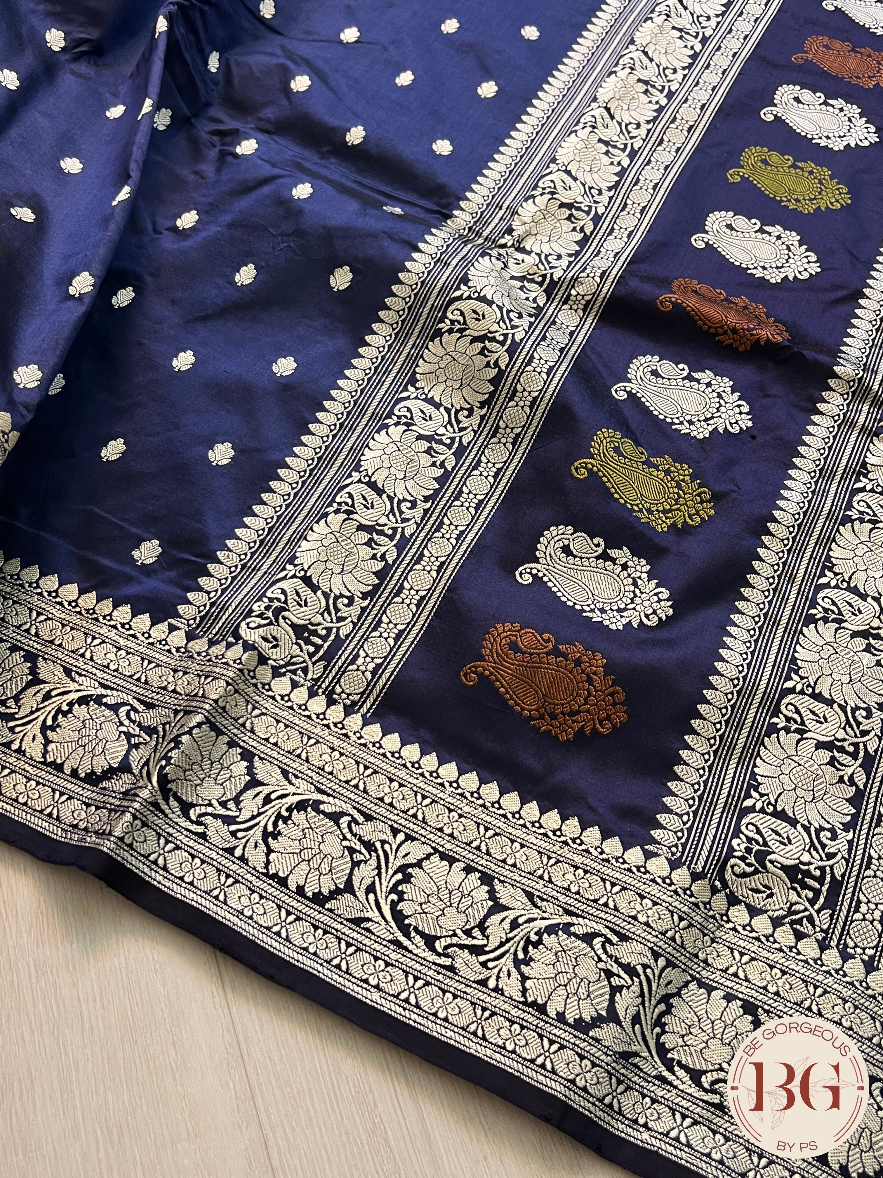 Banarasi Katan Silk silkmark certified with stitched blouse - navy blue