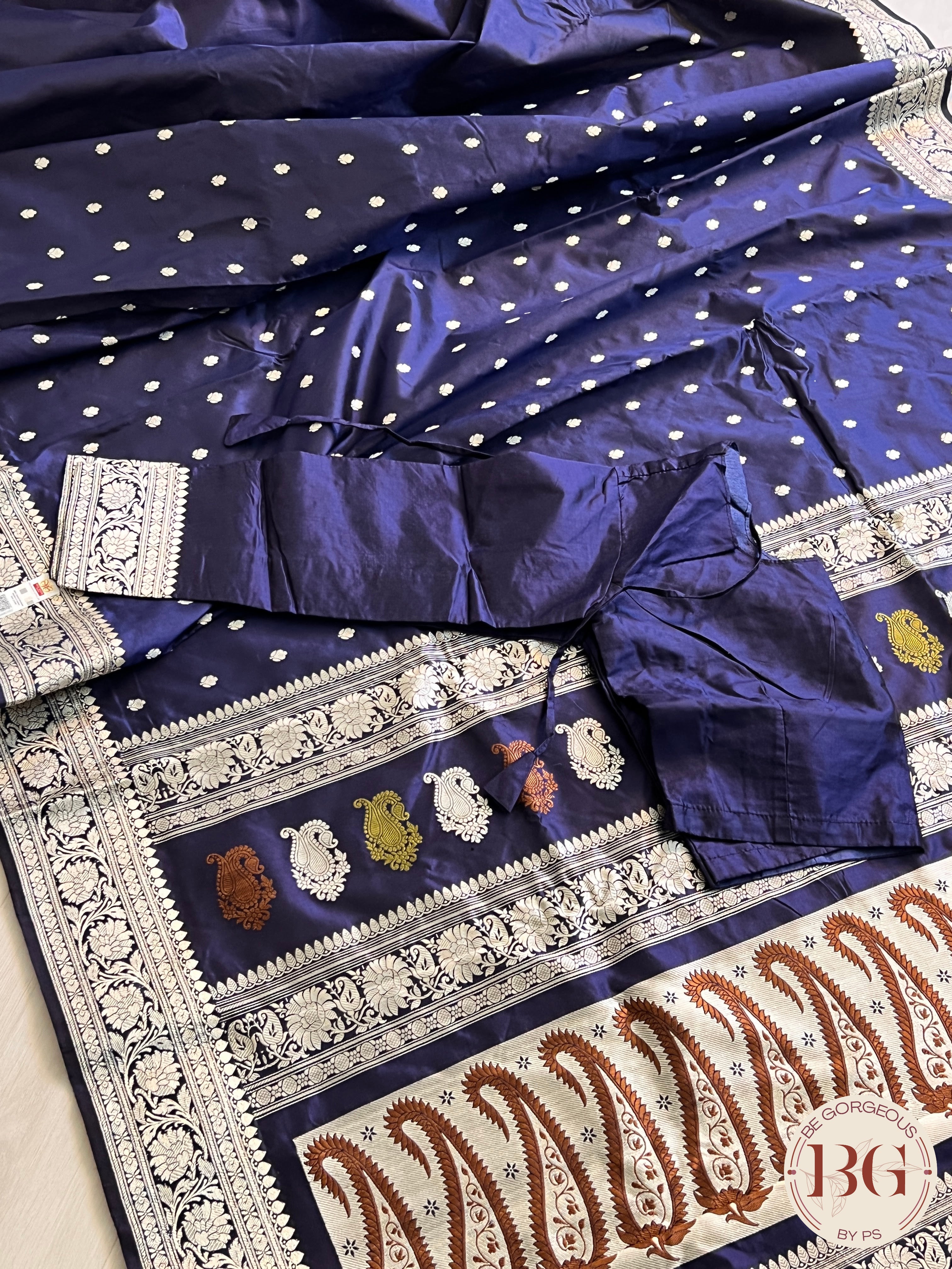 Banarasi Katan Silk silkmark certified with stitched blouse - navy blue