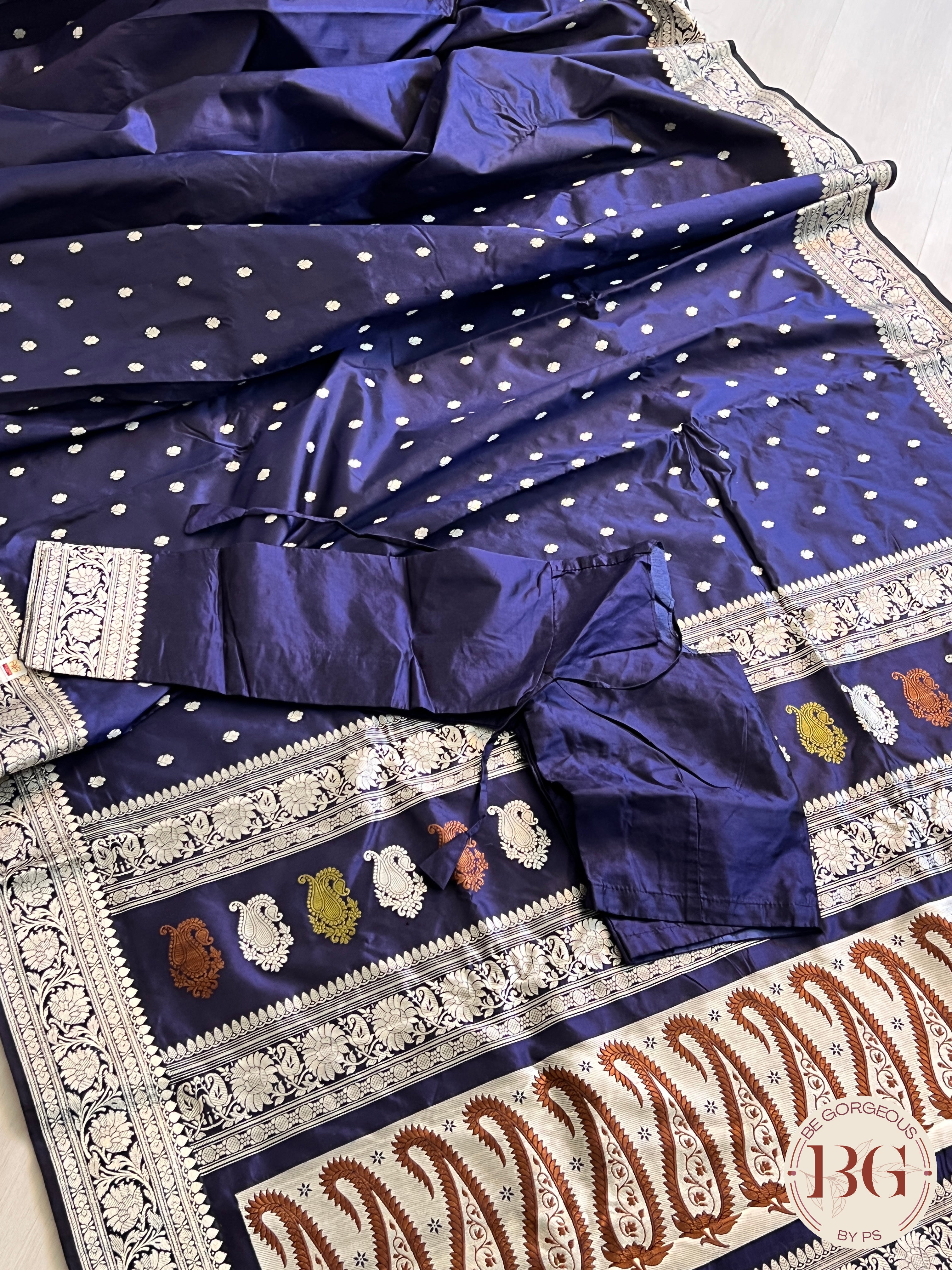 Banarasi Katan Silk silkmark certified with stitched blouse - navy blue