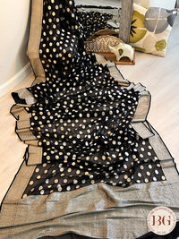 Banarasi Handwoven Georgette silk with gold zari weaved saree, polka dots and stitched blouse black