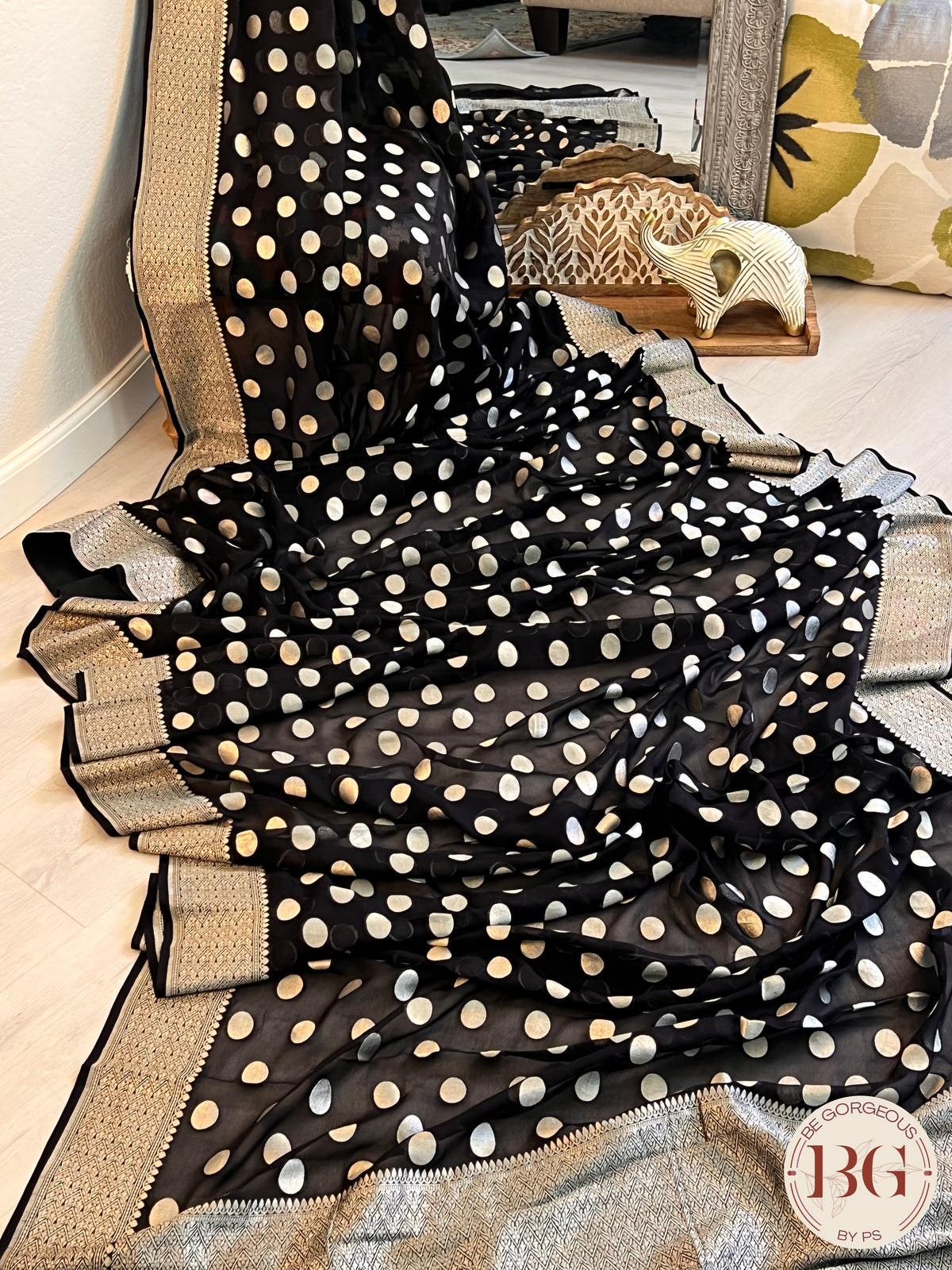 Banarasi Handwoven Georgette silk with gold zari weaved saree, polka dots and stitched blouse black