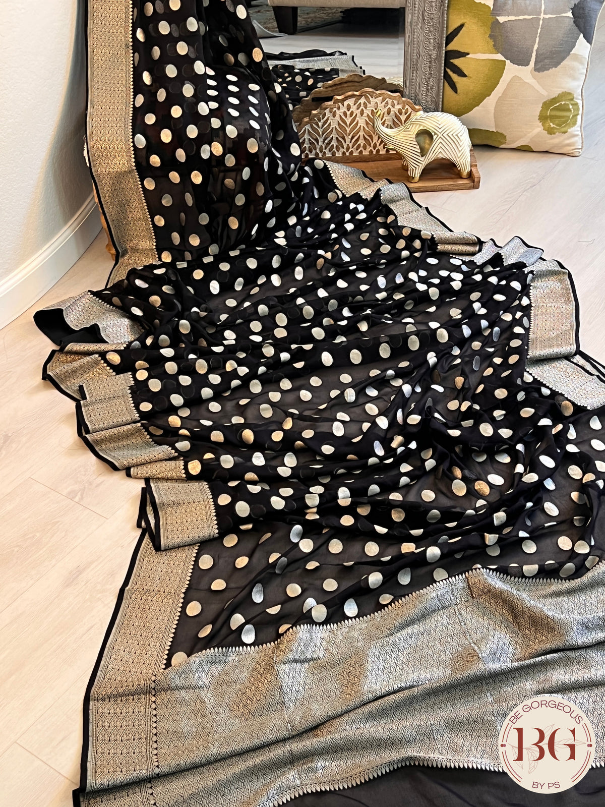 Banarasi Handwoven Georgette silk with gold zari weaved saree, polka dots and stitched blouse black