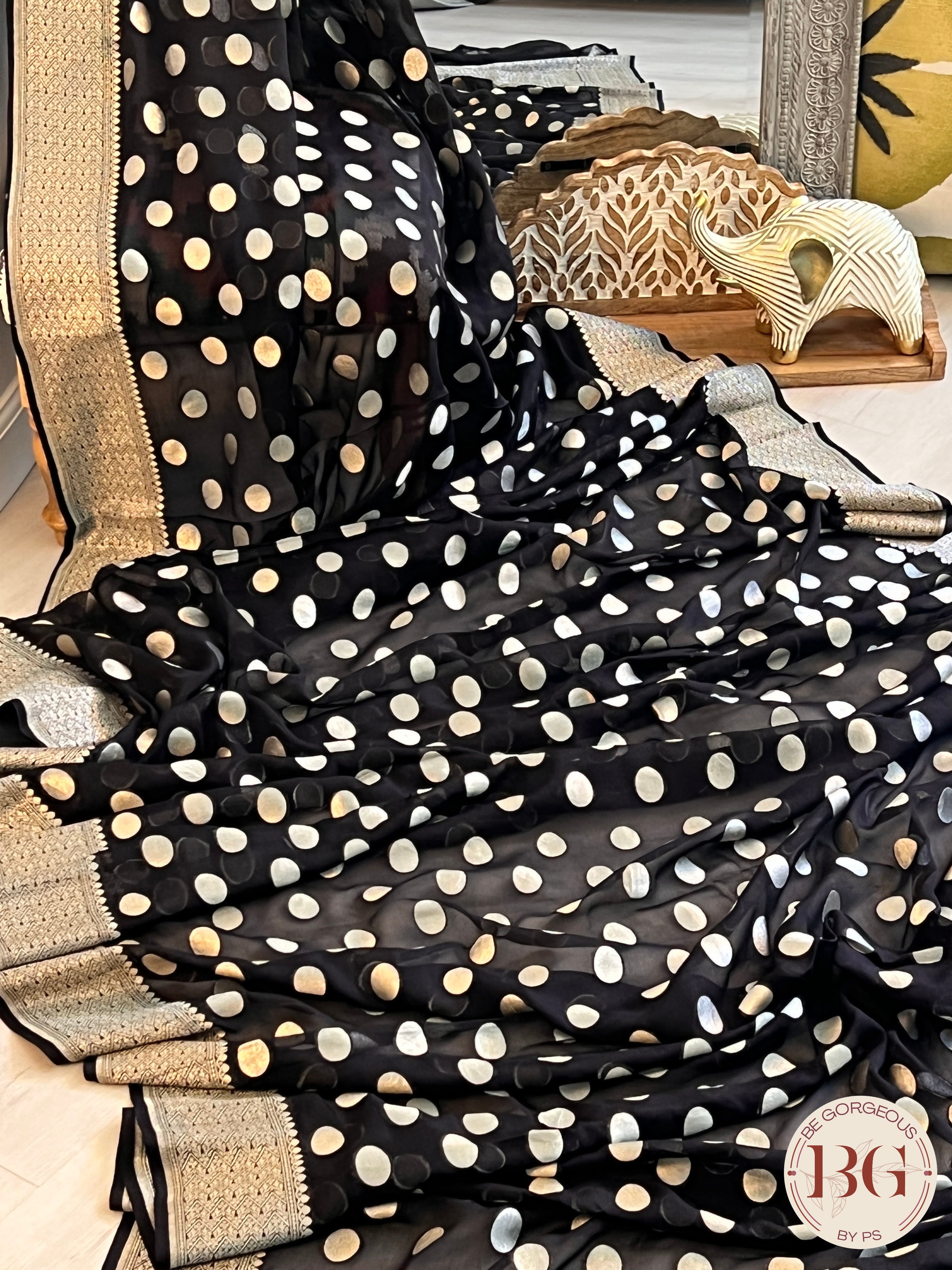 Banarasi Handwoven Georgette silk with gold zari weaved saree, polka dots and stitched blouse black