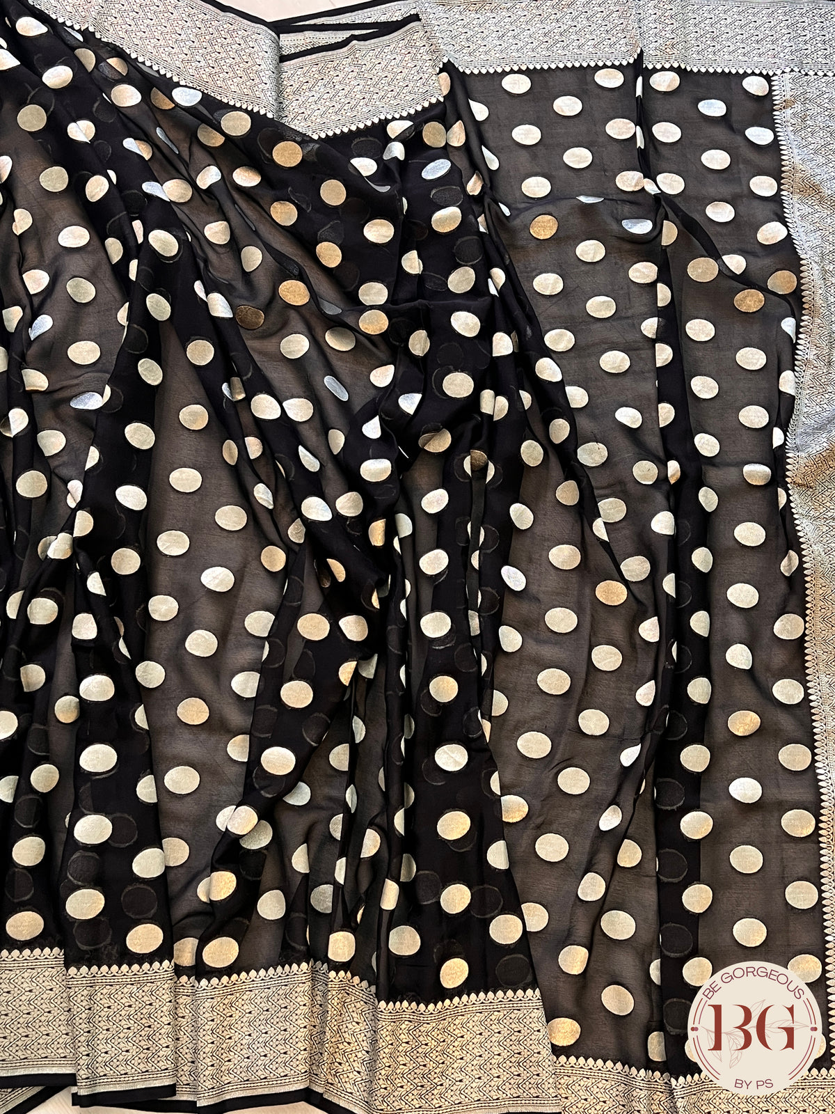 Banarasi Handwoven Georgette silk with gold zari weaved saree, polka dots and stitched blouse black