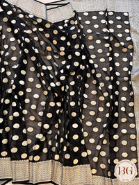 Banarasi Handwoven Georgette silk with gold zari weaved saree, polka dots and stitched blouse black